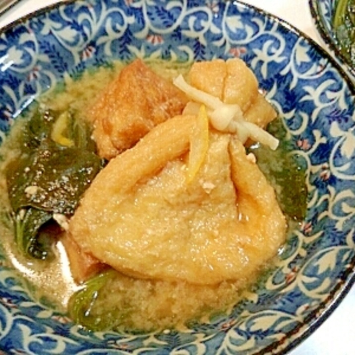 厚揚げと餅巾、小松菜の柚味噌煮